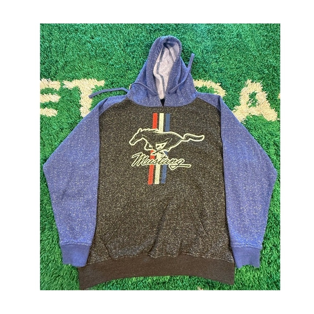Ford Mustang Hoodie Mens Large Blue Charcoal Excellent Graphic Pullover Tri-Bar